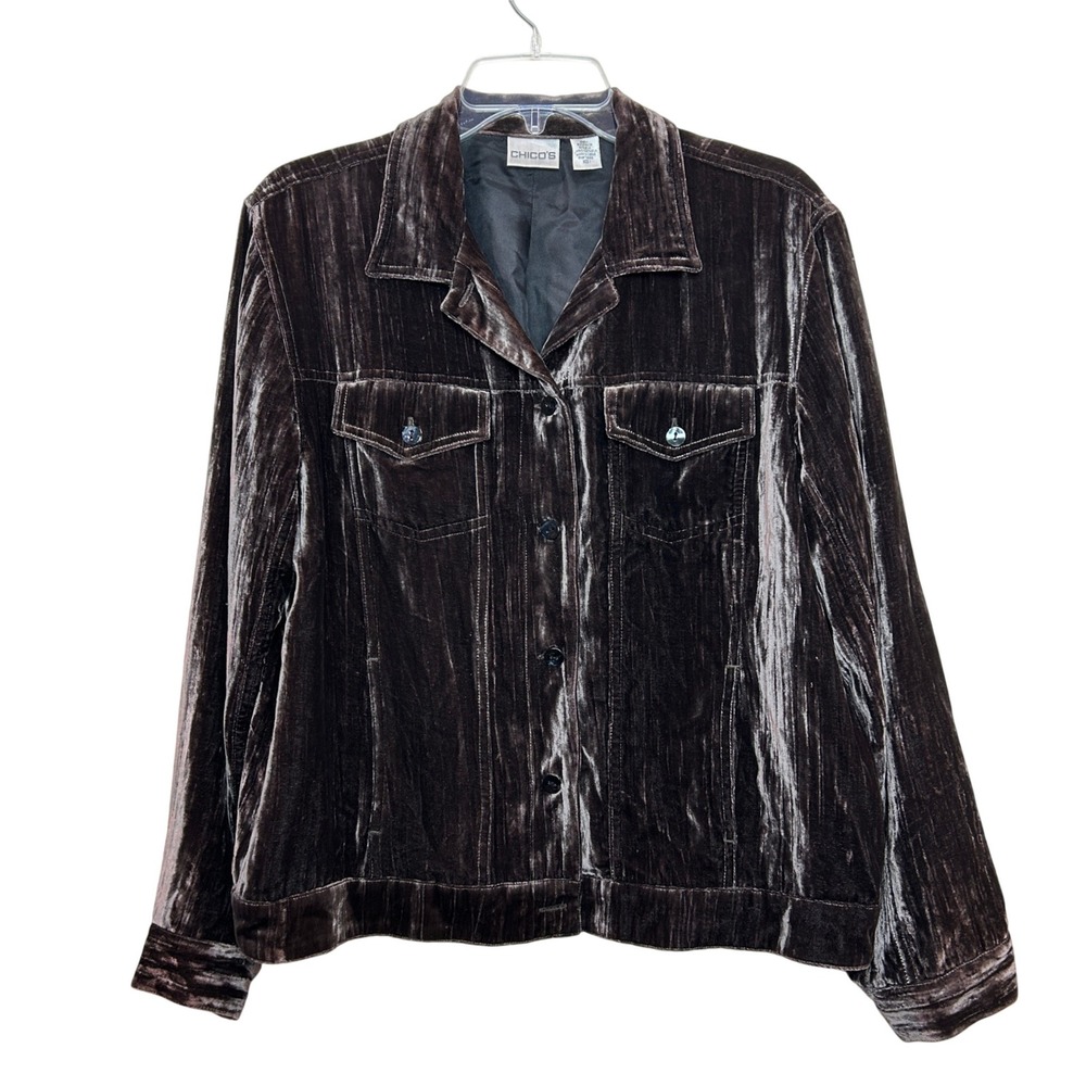 Chicos Velvet Trucker Jacket Womens Size 1  Medium Brown Silk Blend Shacket Boho